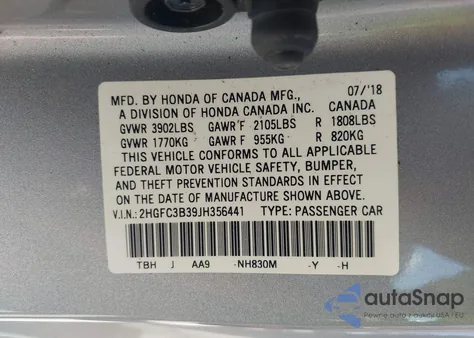 2018 Honda Civic Ex-T из США, поврежденный, VIN 2HGFC3B39JH356441